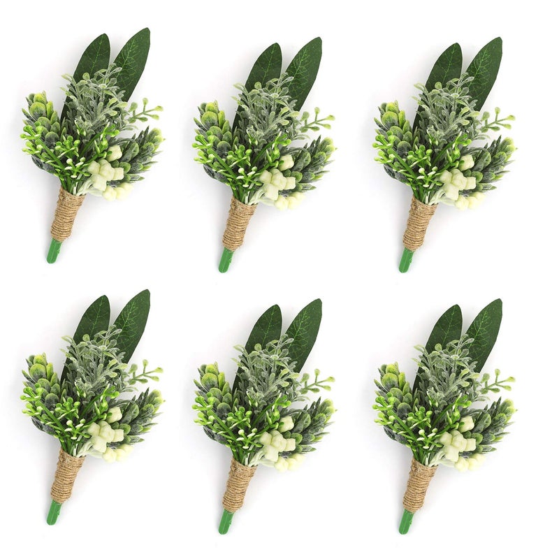 YSUCAU Greenery Boutonniere with Pins for Men Wedding Set of 6 Succulent Plants Boutineers Groom Bride Flowers for Wedding Prom Party Forest Wedding Decorations - Image 1